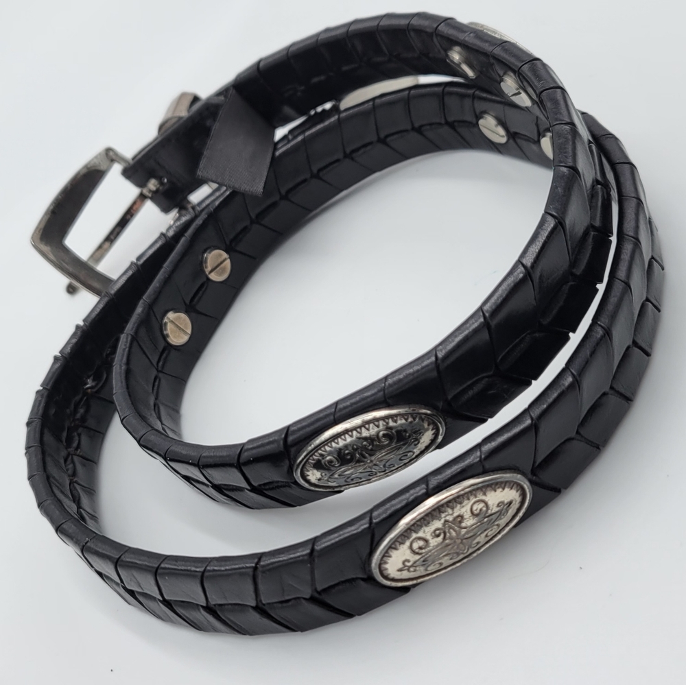 Vtg Brighton Women's Braided Leather Belt Black w/Silver Buckle & Conchos Medium